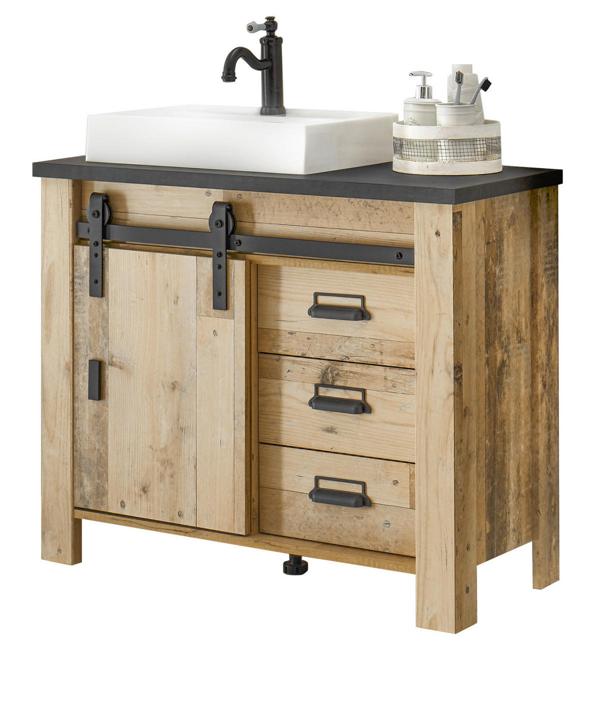 WASCHBECKENUNTERSCHRANK Waschbecken, Used Wood hell, anthrazit, Waschtisch 95 cm Stove - Eichefarben/Anthrazit, Holzwerkstoff/Metall (95/81/43cm) - Furn.Design