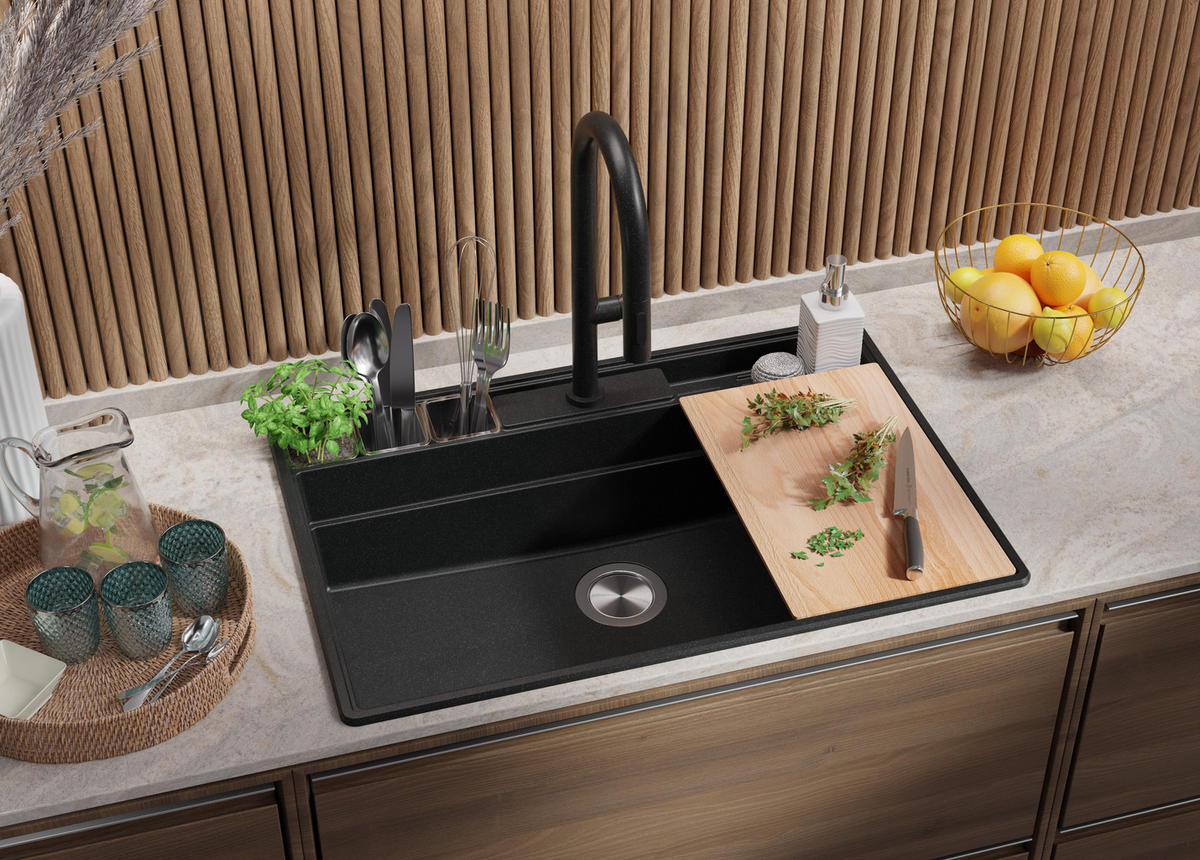 SPÜLBECKEN New York, 2-er set Anthrazit 78/53 cm 1 Becken + Ablauf-Set + Küchenzubehörset ab 80er Unterschrank - Chromfarben/Anthrazit, Kunststoff (78/20/53cm) - Primagran