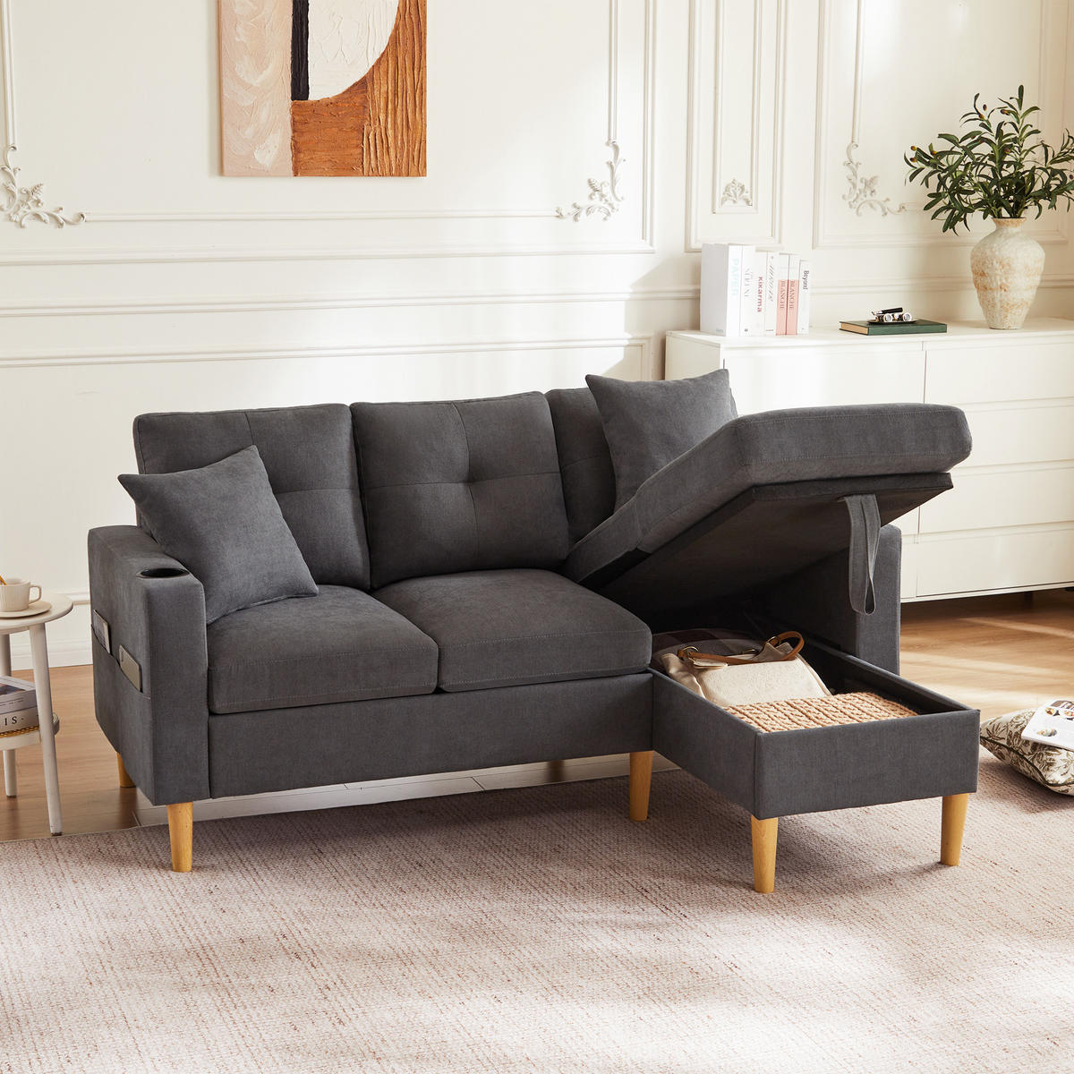 ECKSOFA 175x129x90 cm aus Leinen mit 2 Kissen geliefert, dunkelgrau - Dunkelgrau, Textil (129/175cm) - Luhomfu