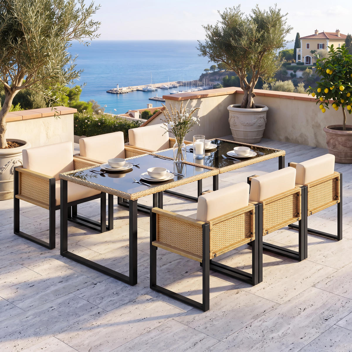 GARTENMÖBELSET Polyrattan 6 Personen Esstisch Stühle waschbar - Multicolor, Textil - FLIEKS