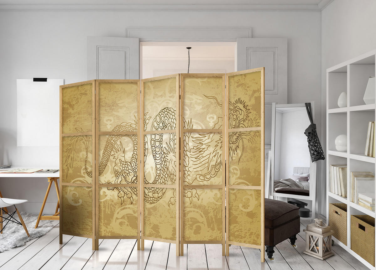 PARAVÁN Japonský 5-dielny 225x172 cm Japonský Drak - žltá, drevo/textil (225/172/3cm) - Muralo