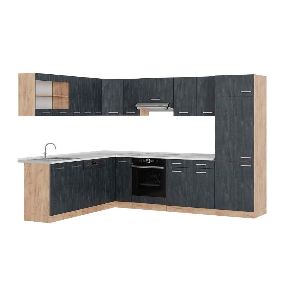 KOTNA KUHINJA R-Line, Črni beton/Zlati hrast z močjo, 287 x 227 cm DP Marmor - črna/medeni hrast, leseni material (287/206.8/60cm) - Vicco
