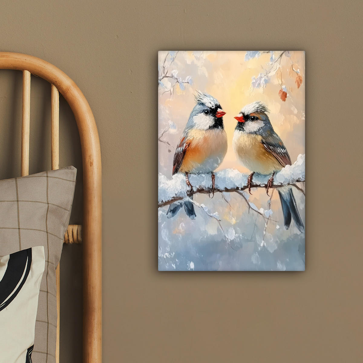 LEINWANDBILD Vögel - Zweig - Winter - Schnee 20x30 cm - Pastellblau, Textil (20/30cm) - MuchoWow