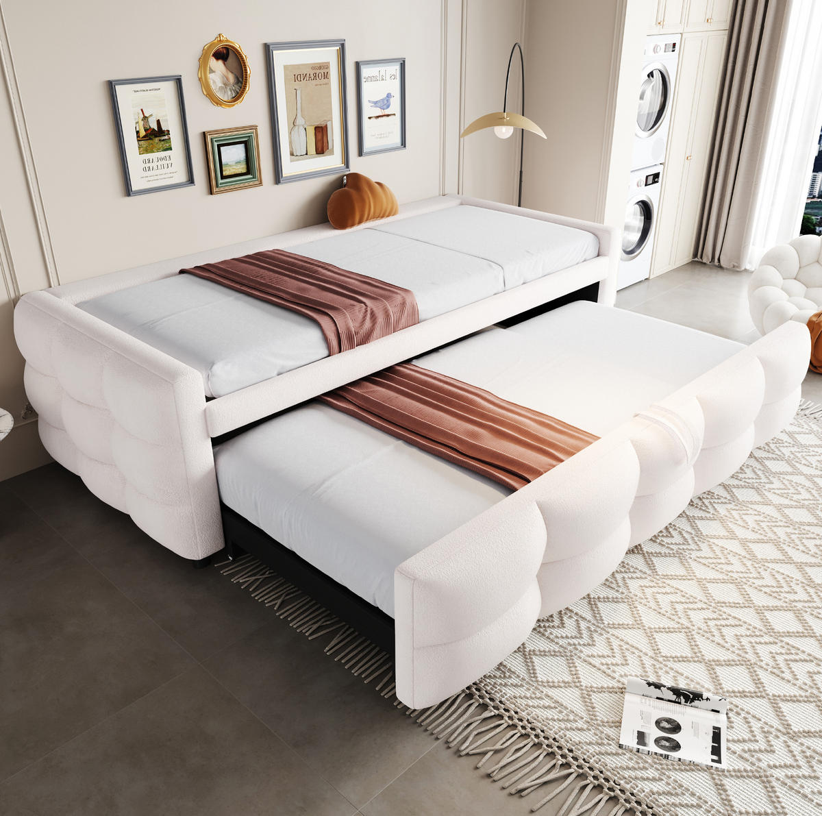 POLSTERBETT 90/190 cm Beige aus Teddy mit Ausziehfunktion - Beige, Textil (90/190cm) - OKMYHOME