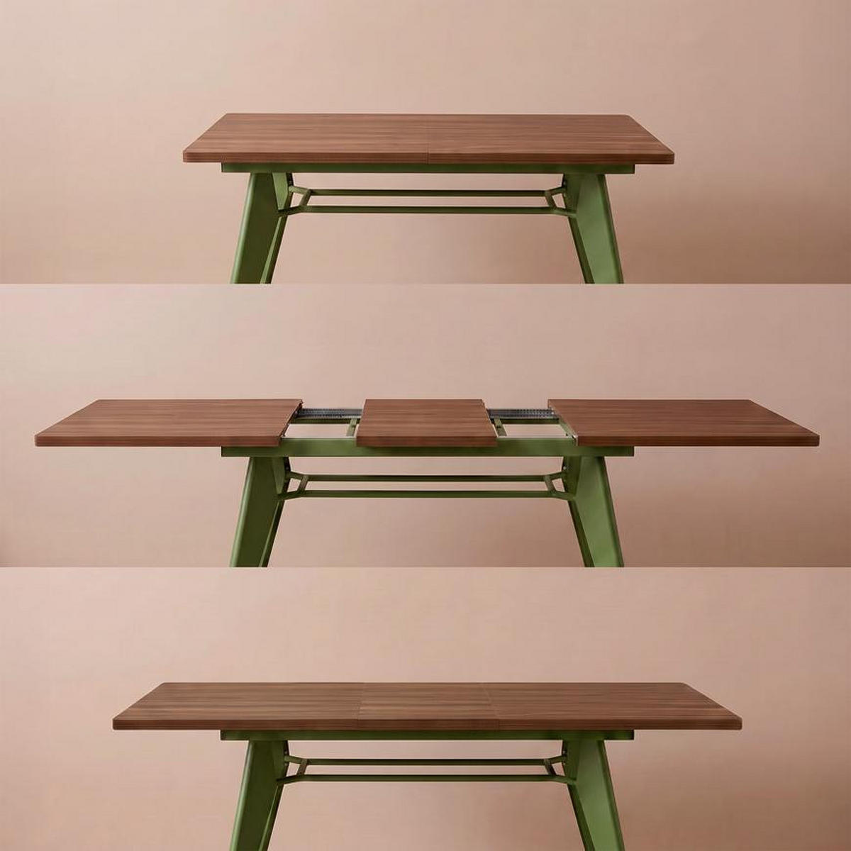 ESSTISCH ausziehbar 140/180cm Metallbeine Khaki und Tischplatte Nussbaum-Optik Meloe - Nussbaumfarben/Grün, Holzwerkstoff/Metall (90/140/76cm) - Sicaan