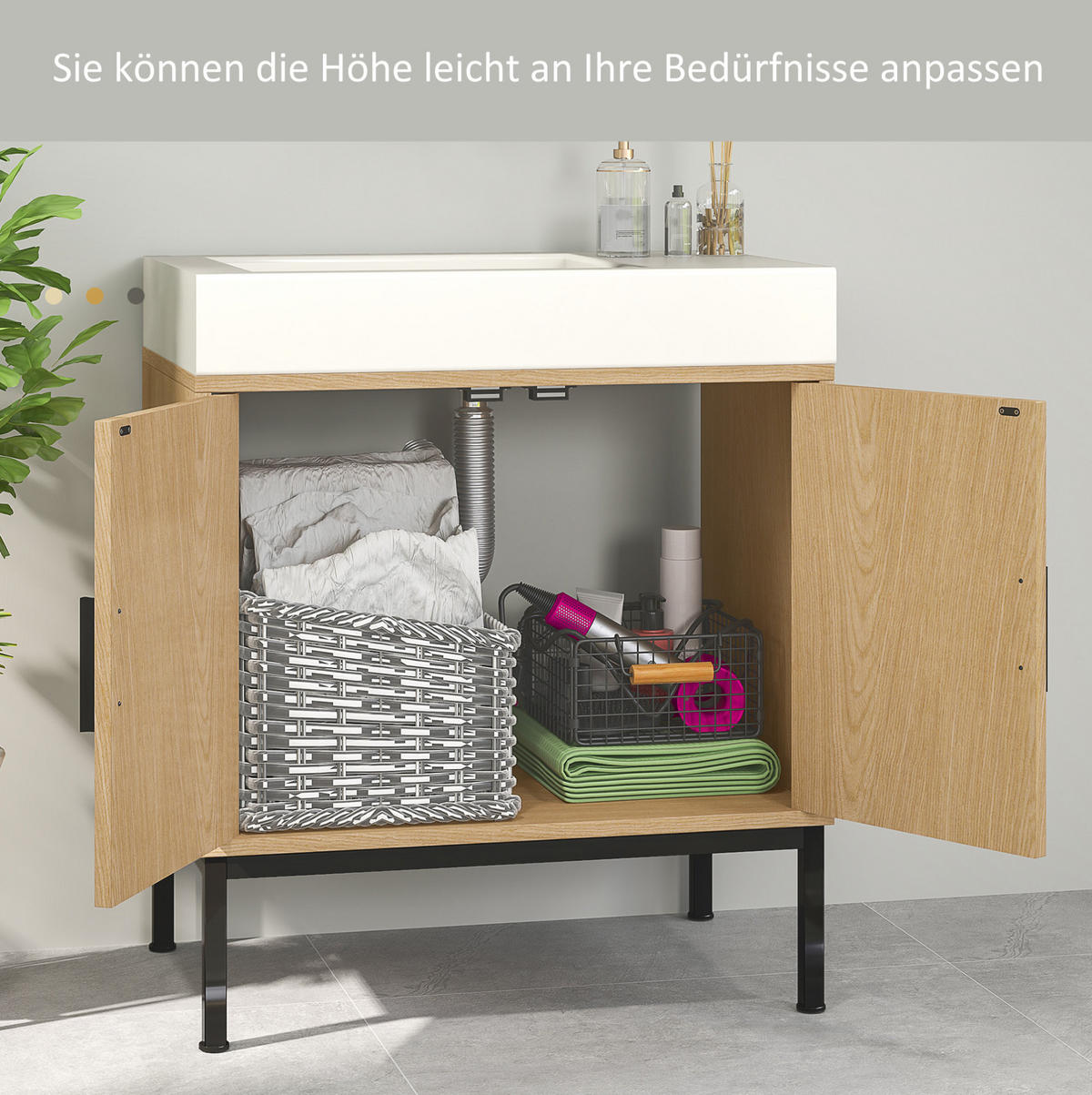 WASCHBECKENUNTERSCHRANK 60x39x60 cm Eiche mit Rattan-Türen & schwarzen Metallbeinen - Eichefarben, Holzwerkstoff (60/60/39cm) - Modfu