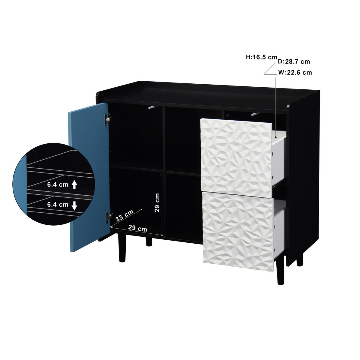 SIDEBOARD Schwarz Blau Weiß, mit Türen, 2 Schubladen, Innenfächern und Strukturfront, 90/40/80 cm - Blau/Schwarz, Holzwerkstoff (90/80/40cm) - WISHDOR