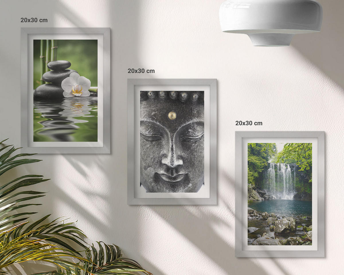 WANDBILDER 3er Set - 20x30 cm Silberner Rahmen - Harmoniesteine Wasser Buddha - Silberfarben, Kunststoff (20/30cm) - ArtPrintCave