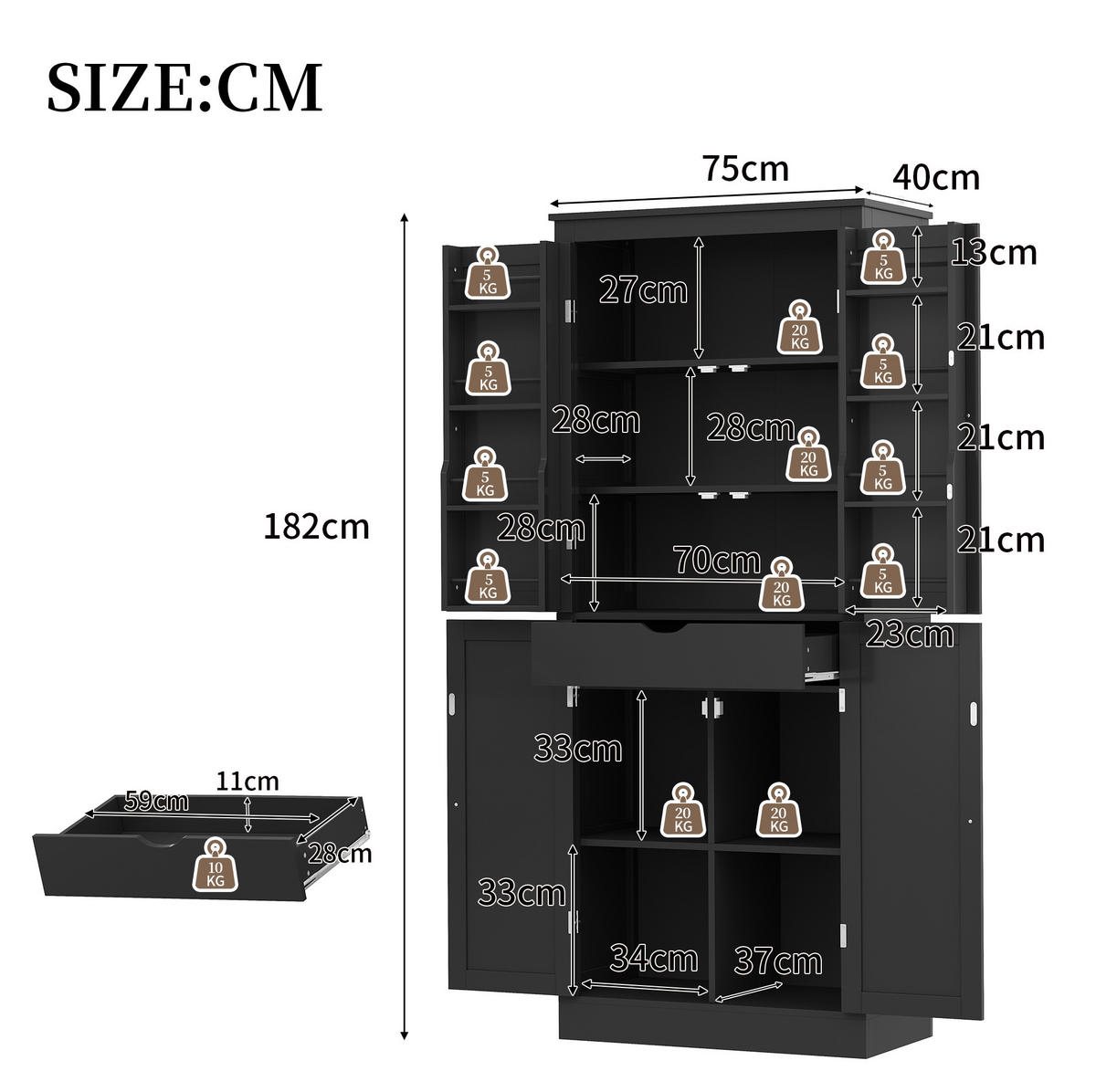 ANRICHTE Küchenschrank 75/40/182 cm aus MDF mit vielseitigem Stauraum Schwarz - Schwarz, Holzwerkstoff (75/180/40cm) - Modenvie
