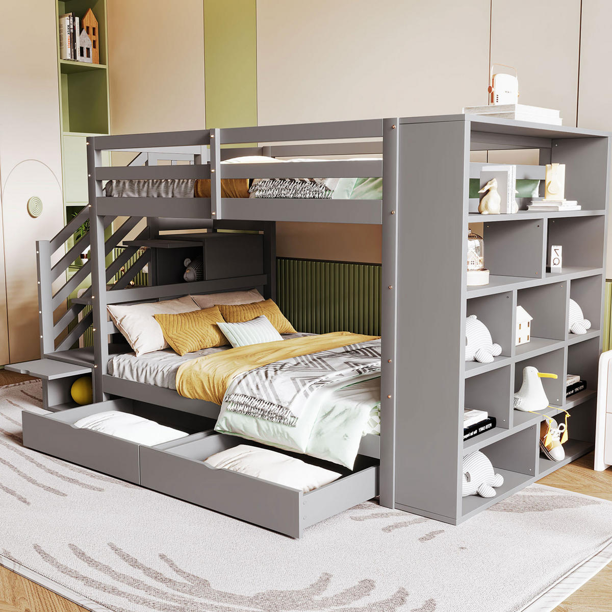 ETAGENBETT 90/200 cm in Grau mit Stauraum und Sicherheitstreppe - Grau, Holz (90/200cm) - OKMYHOME