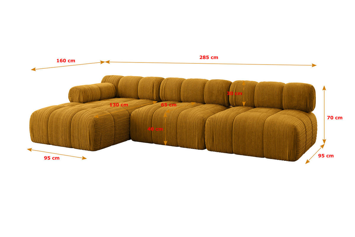 ECKSOFA modulares Sofa Razon-L2 - 285x160x70 cm Senfgelb Cord - Currygelb, Holzwerkstoff/Textil (285/160cm) - ALTDECOR