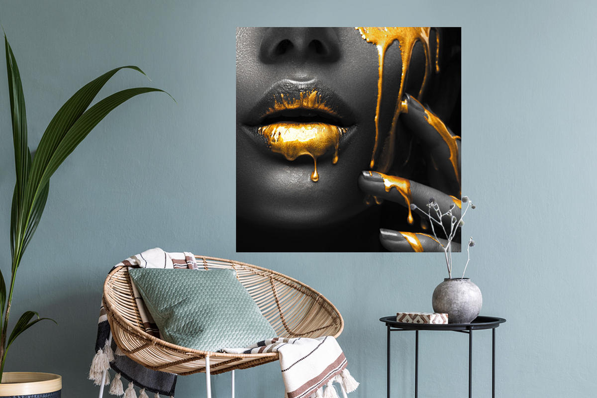 WANDTATTOO Frau - Schwarz - Gold - Gesicht - Lippen 50x50 cm - Goldfarben, Kunststoff (50/50/0.1cm) - MuchoWow