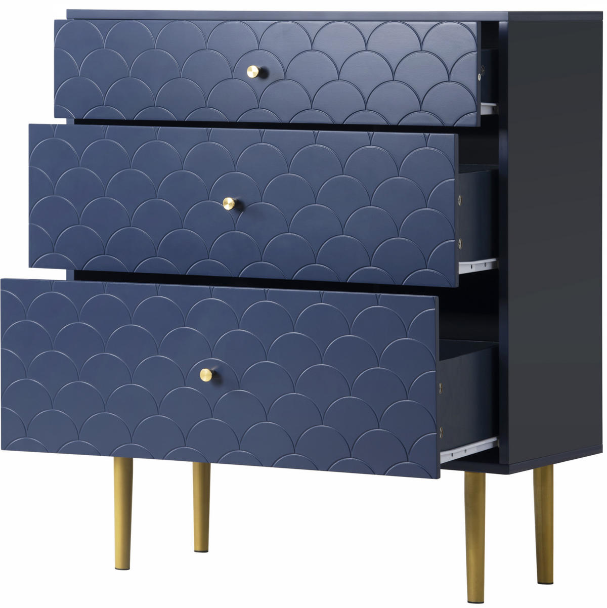 KOMMODE aus Holz und Metall 75x40x89 cm Marineblau mit 3 Schubladen und Fischschuppenmuster - Dunkelblau, Holzwerkstoff (75/89/40cm) - Modfu
