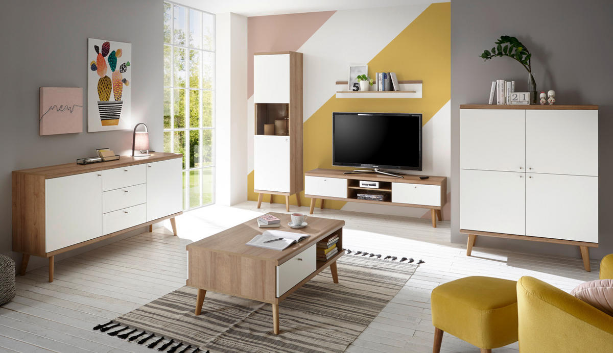 WOHNWAND weiß Eiche Riviera, Schrankwand skandinavisch 4-teilig 337 x 197 cm - Eichefarben/Weiß, Holzwerkstoff/Metall (337/197/40cm)