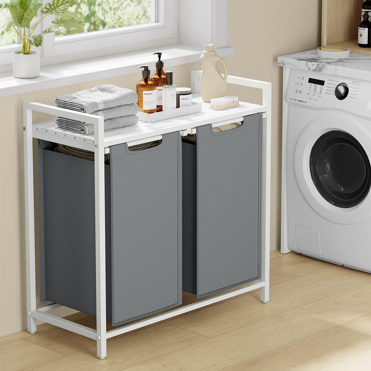 WÄSCHEKORB 2 Fächer Weiß und Grau – H71 cm - Grau, Holzwerkstoff (33/71/8.8cm) - Calicosy