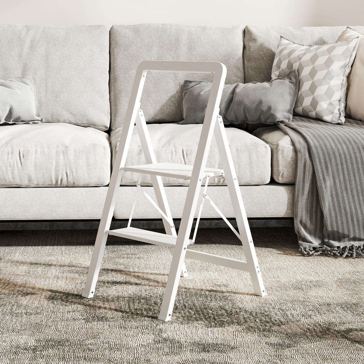TRITTLEITER Stehleiter mit 2 Stufen Leichtbau Aluminum-Leiter 41,5 x 49,7 x 82,6 cm Weiß - Weiß, Metall (41.5/49.7/82.6cm) - HOMCOM