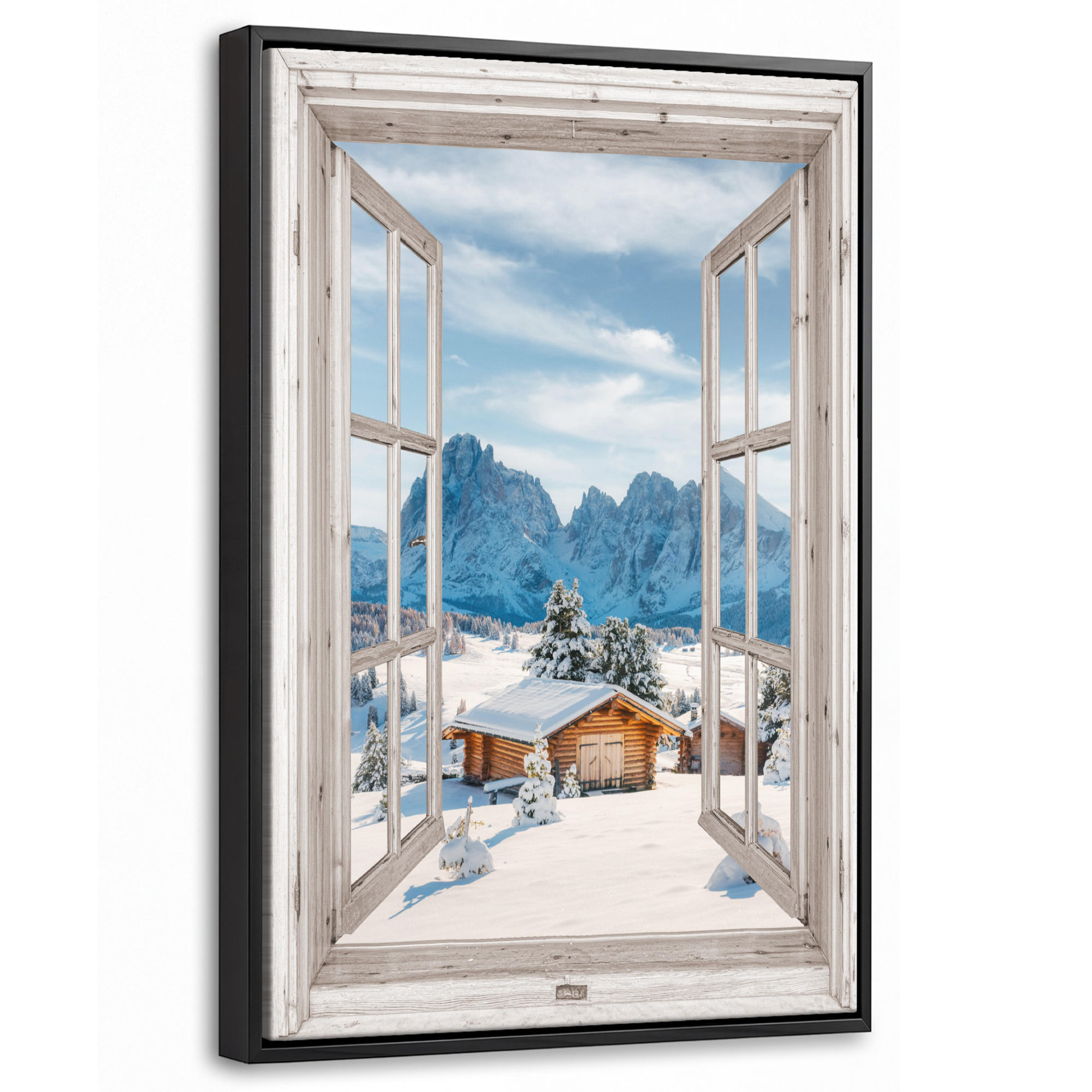 LEINWAND Bilder mit Rahmen - Winterlandschaft - Hütte - Berge - Ausblicke - Aussicht - Natur - 40x60 - Weiß Hochglanz, Textil (40/60cm) - MuchoWow