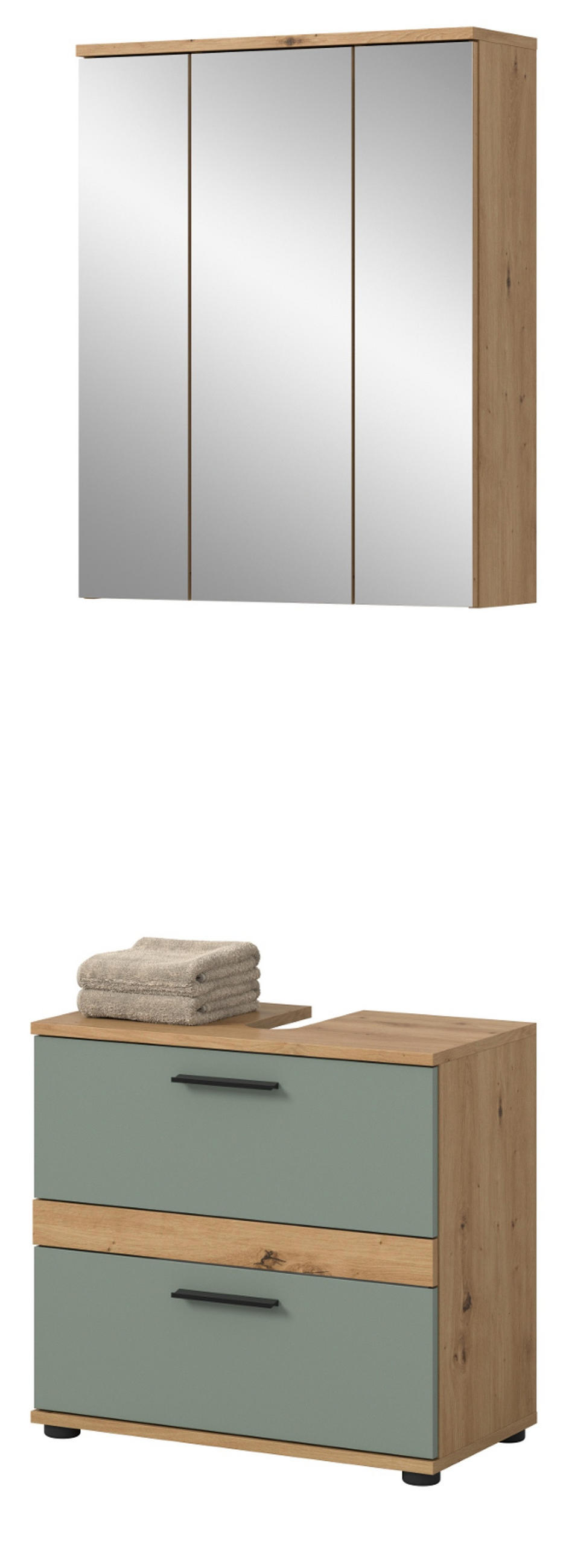 BADMÖBEL-SET Salbei grün, Eiche Artisan 60 cm 2-teilig, moderne Badeinrichtung - Salbeigrün/Schwarz, Glas/Holzwerkstoff (60/191/34cm) - Inn.Furn