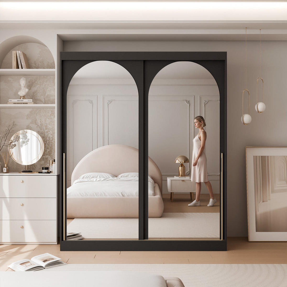 SCHWEBETÜRENSCHRANK CLARITY 2-türig 200/65/215 cm Schwarz / goldene Griffe - Goldfarben/Schwarz, Holzwerkstoff/Kunststoff (200/215/65cm) - Idohome