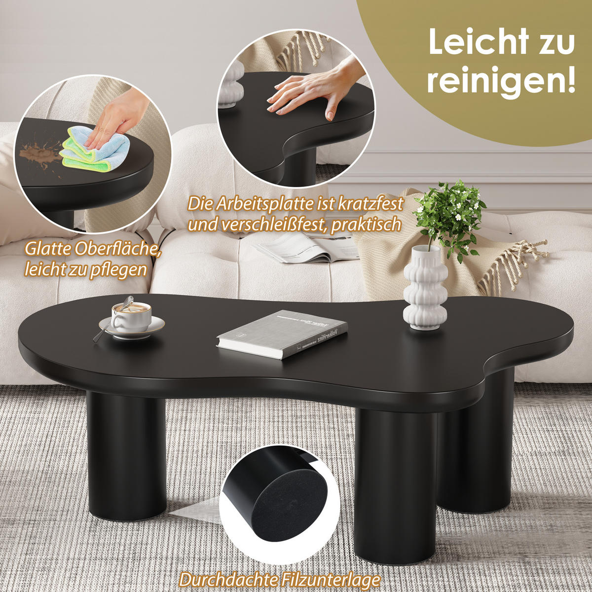COUCHTISCH Wolkenform MDF 107x66x40.5cm Filzunterlage - Schwarz, Holzwerkstoff (107/66/40.5cm) - FLIEKS