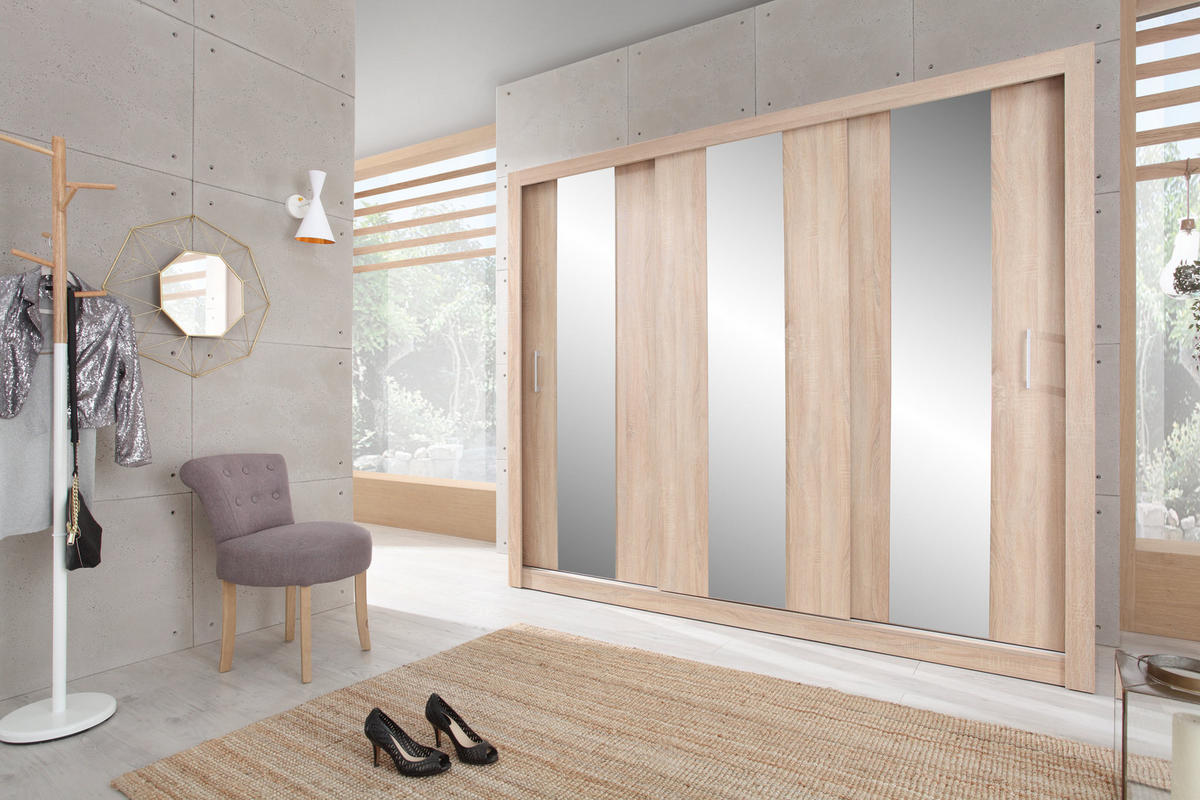 SCHWEBETÜRENSCHRANK MIRA 250/215/60cm 3-türig mit Spiegel Sonoma Eiche - Eichefarben/Sonoma Eiche, Holzwerkstoff (250/215/60cm) - MASSENO