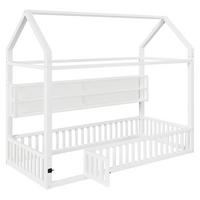 HAUSBETT 90/200 cm weiß aus Metall mit LED-Beleuchtung und Sicherheitszaun - Weiß, Metall (90/200cm) - OKWISH
