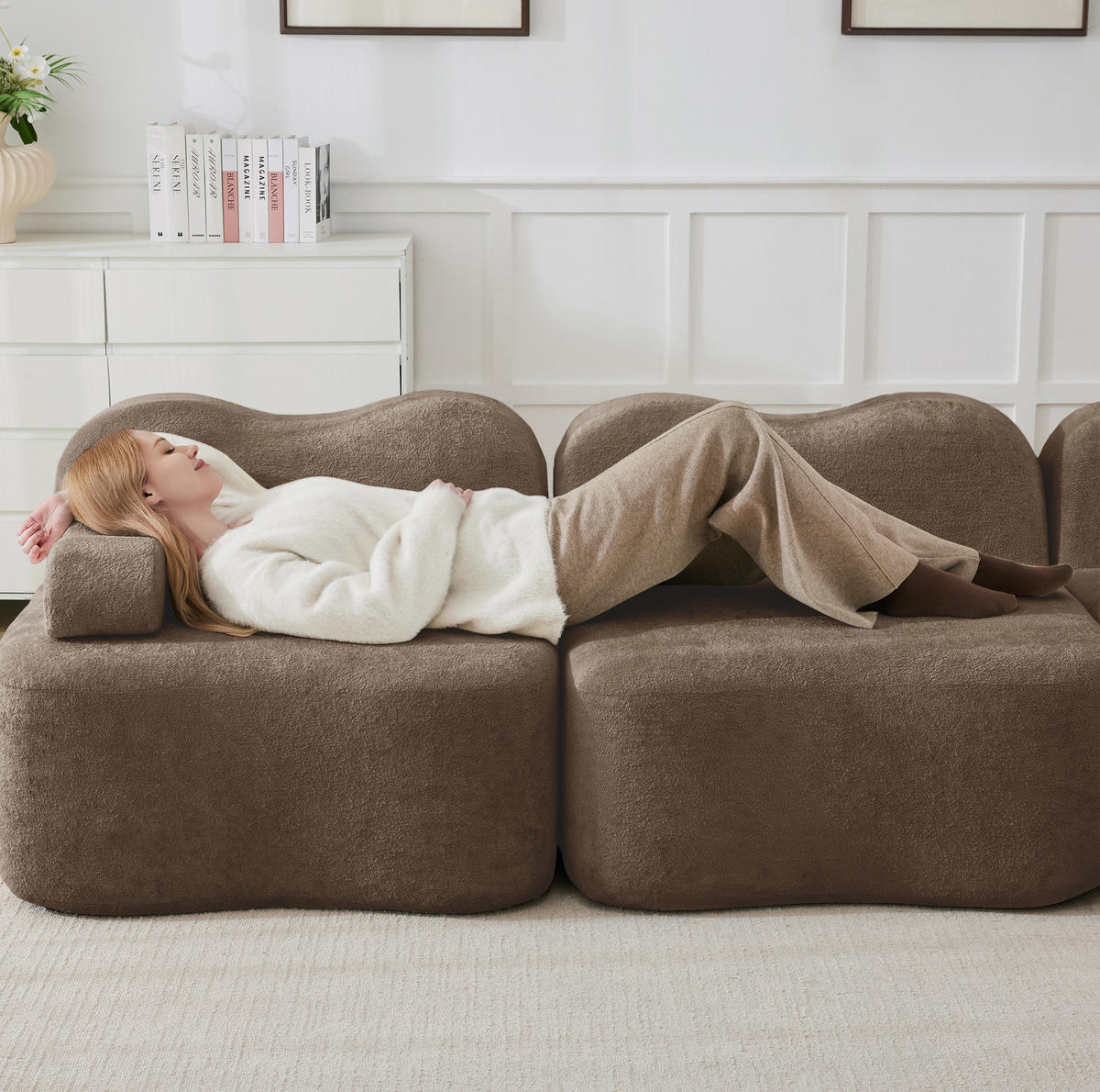 SOFA modular mit tiefer Sitzfläche Samt Braun - Braun, Holzwerkstoff (98/70/288cm) - Meubliv