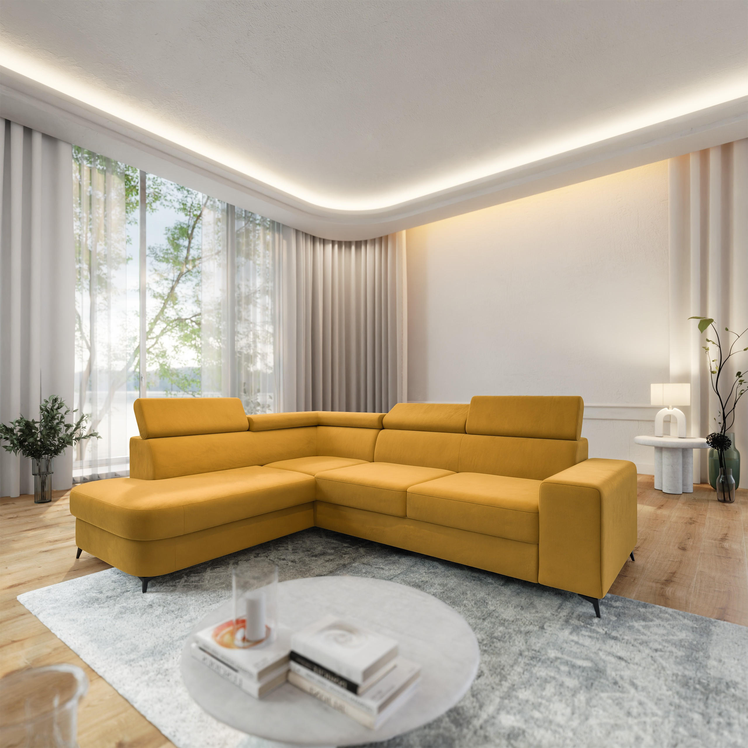 ECKSOFA ALVORO L-S Gelb Velours-Stoff mit Schlaffunktion - Gelb, Holz (253/190cm) - MASSENO