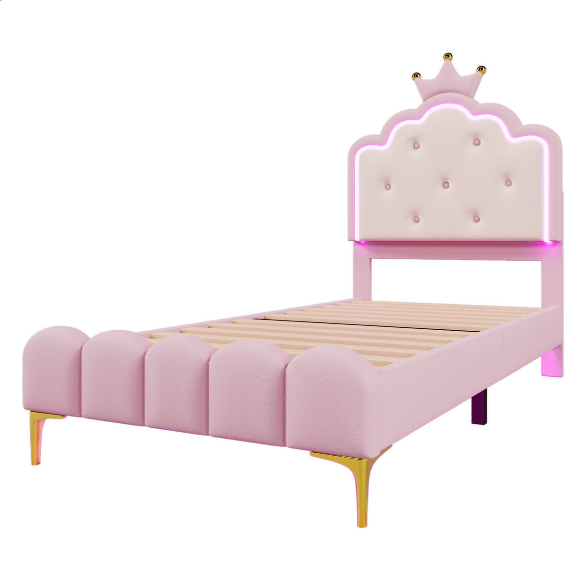 POLSTERBETT 90/200 cm in Rosa mit LED und Kronenform - Rosa, Holzwerkstoff/Textil (90/200cm) - CHICFURN