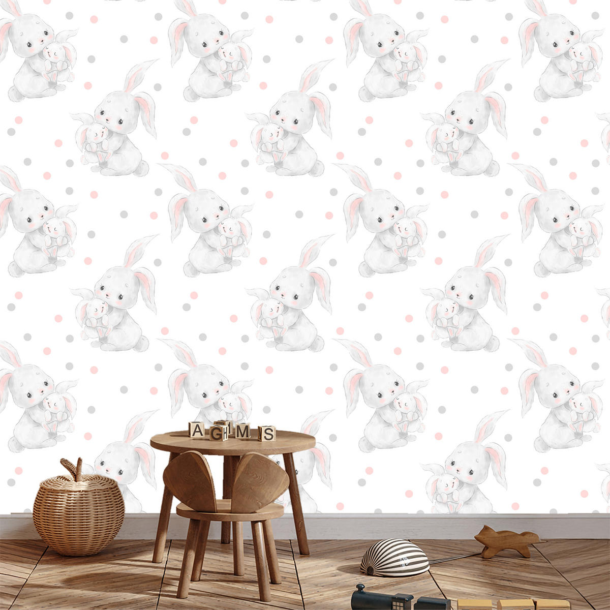VLIESTAPETE Häschen und Punkte – Rosa, Grau, Weiß – 50x1000 cm - Rosa/Weiß, Papier (50/1000cm) - Muralo