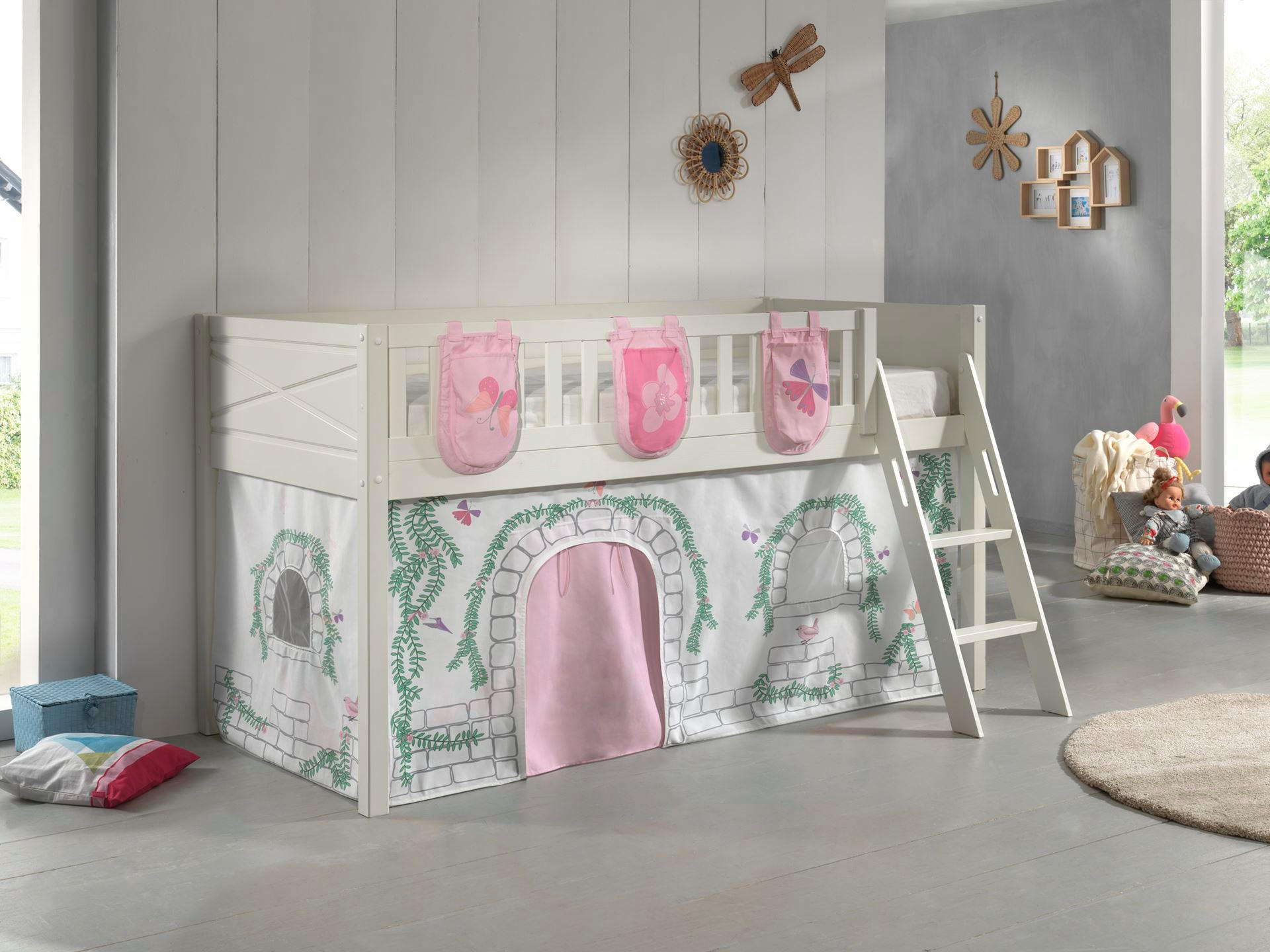 KINDERBETT Karyl 208x114x135 Massivholz Weiß Textilset Birdy 3 - Hellgrau/Weiß, Holz (90/200cm) - 58aufmkessel
