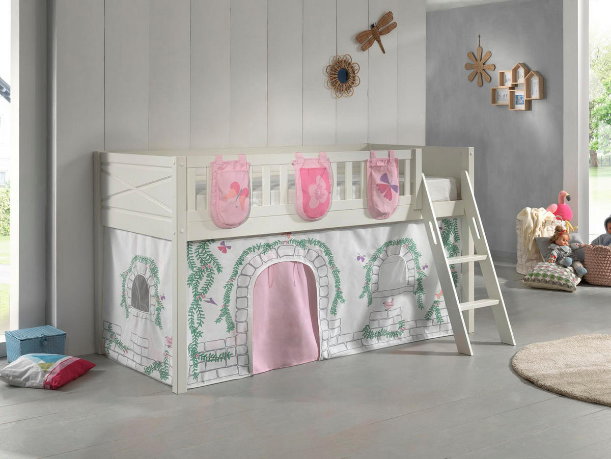 KINDERBETT Karyl 208x114x135 Massivholz Weiß Textilset Birdy 3 - Hellgrau/Weiß, Holz (90/200cm) - 58aufmkessel