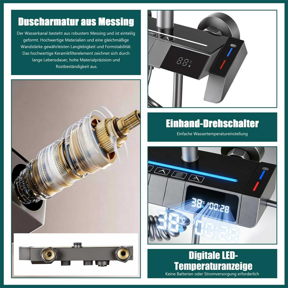 DUSCHSYSTEM mit Digitalanzeige und LED-Beleuchtung - Höhenverstellbare Duschstange mit Handbrause - Grau - Grau, Metall (35/120/30cm) - DELFA