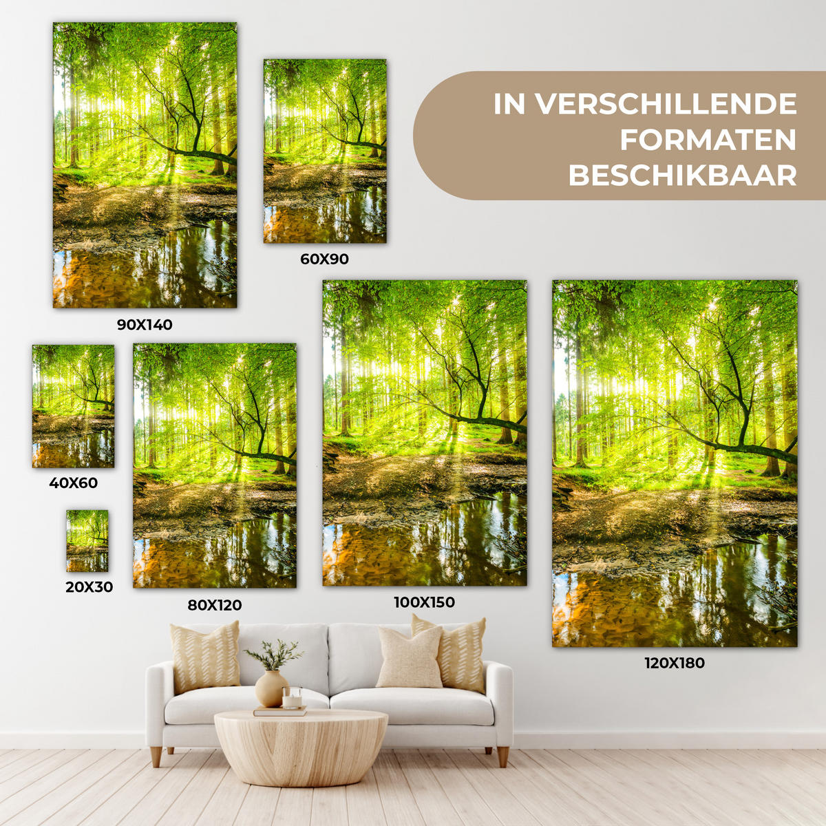 LEINWANDBILD Wald - Landschaft - Wasser - Bäume - Sonne - Grün - Natur Wanddeko Schlafzimmer 60x90 cm - Grün, Textil (60/90cm) - MuchoWow