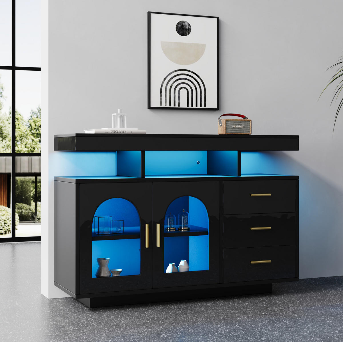 SIDEBOARD aus Spanplatte 120x40x80 cm Schwarz mit Hochglanzfronten, LED-Beleuchtung und Stauraum - Schwarz, Holzwerkstoff (120/80/40cm) - IVMEU