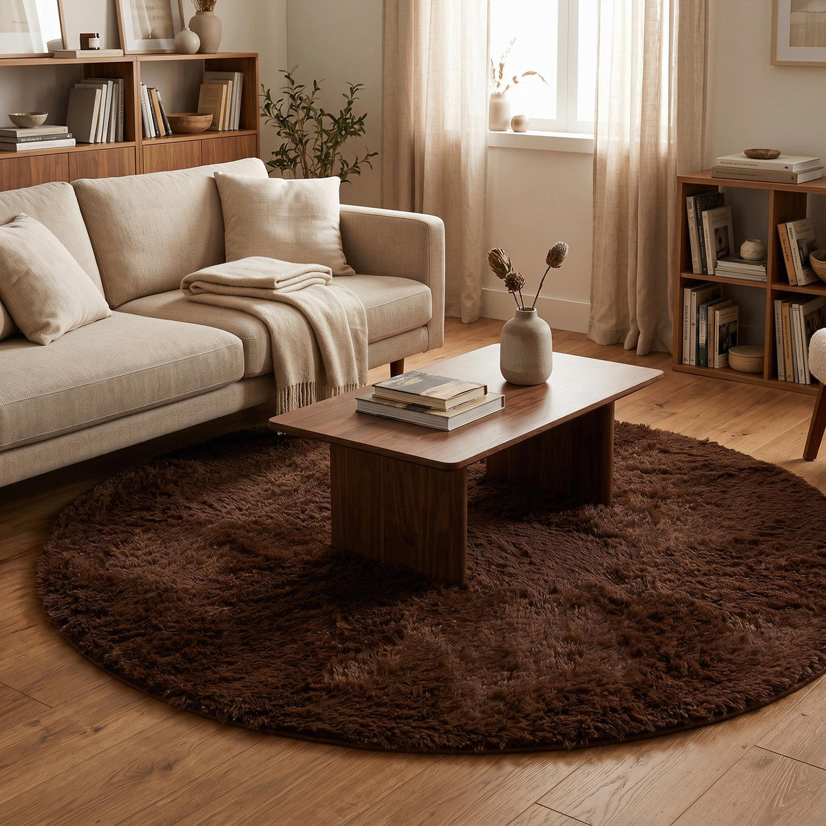 HOCHFLOR SHAGGY TEPPICH FLUFFY RUND - Dunkelbraun, Textil (120/120cm) - Pergamon
