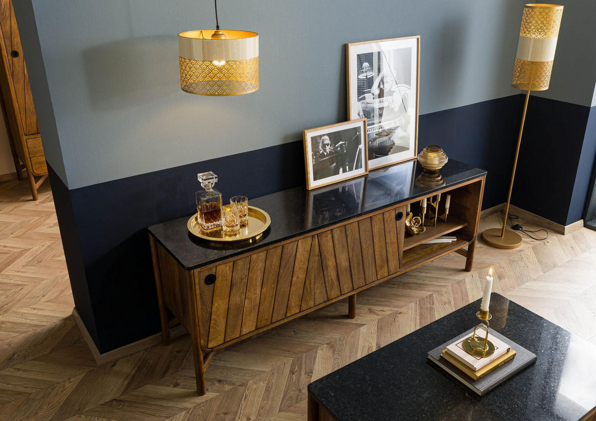 SIDEBOARD Mango 185x45x65 braun geölt / dunkler Granit LOS ANGELES #106 - Braun, Holz (185/65/45cm) - Massivmoebel24