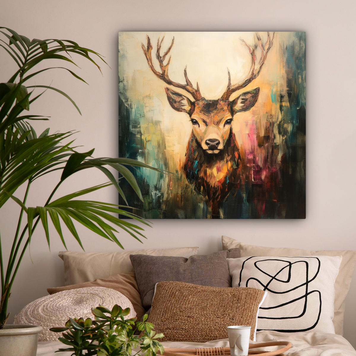 LEINWANDBILD Hirsch - Gemalt - Geweih - Braun 90x90 cm - Haselnussfarben, Textil (90/90cm) - MuchoWow