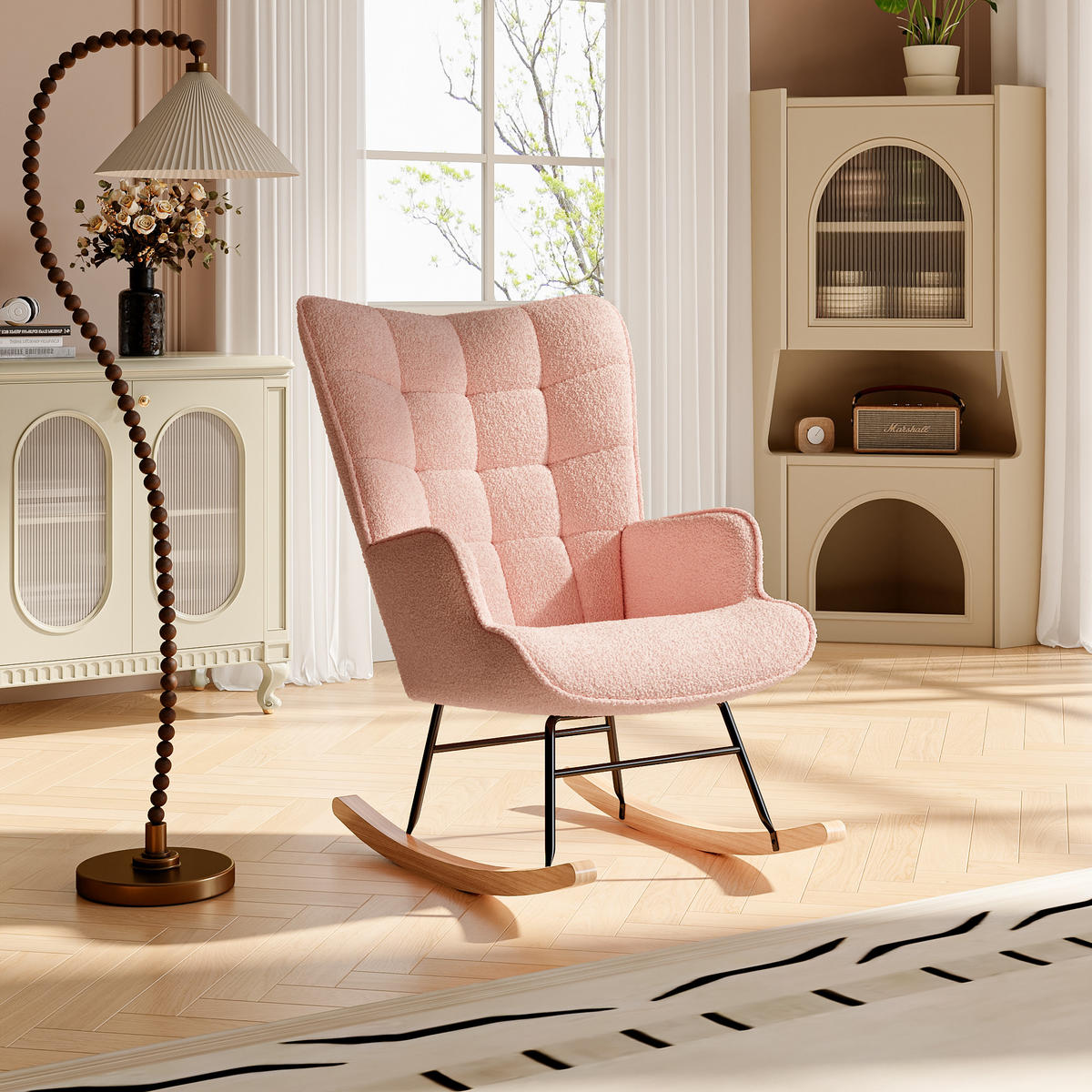 SCHAUKELSTUHL mit Metallgestell und Holzsockel, Teddystoff, Rosa - Pink, Holzwerkstoff (68/92/75cm) - BursDany