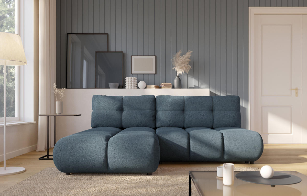 ECKSOFA CORSO L-S Blau Boucle-Stoff mit Schlaffunktion - Blau, Holz (230/177cm) - MASSENO