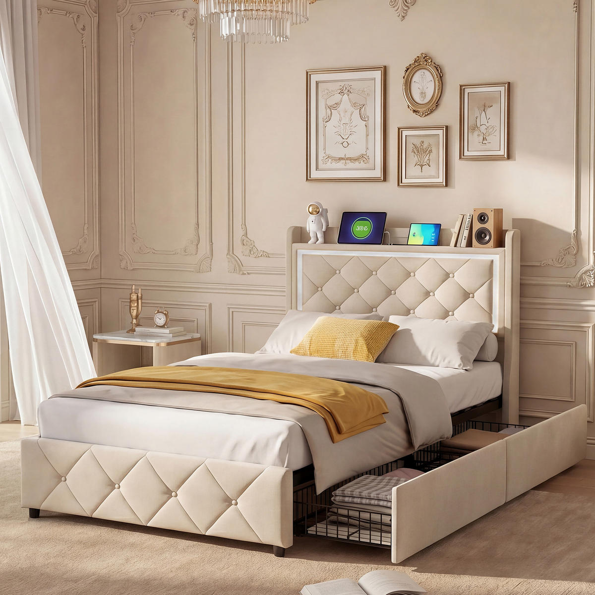 POLSTERBETT 90x200 cm, Einzelbett mit 2 Schubladen, LED & USB/Type-C, Flauschstoff in Beige - Beige, Holz (90/200cm) - BRILVERDE