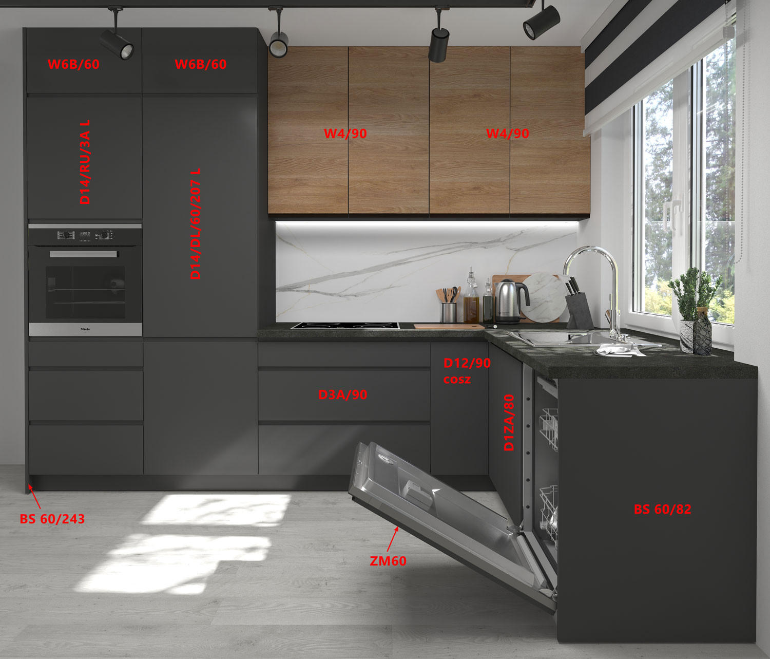 WINKELKÜCHE Avellino lava / Acryl graphit matt & Pembroke - schwarz matt, Arbeitsplatte District Dark 301,8 / 231,8 / 243cm 10-teilig - Braun/Grau, Holzwerkstoff (302/243/232cm) - Feldmann-Wohnen