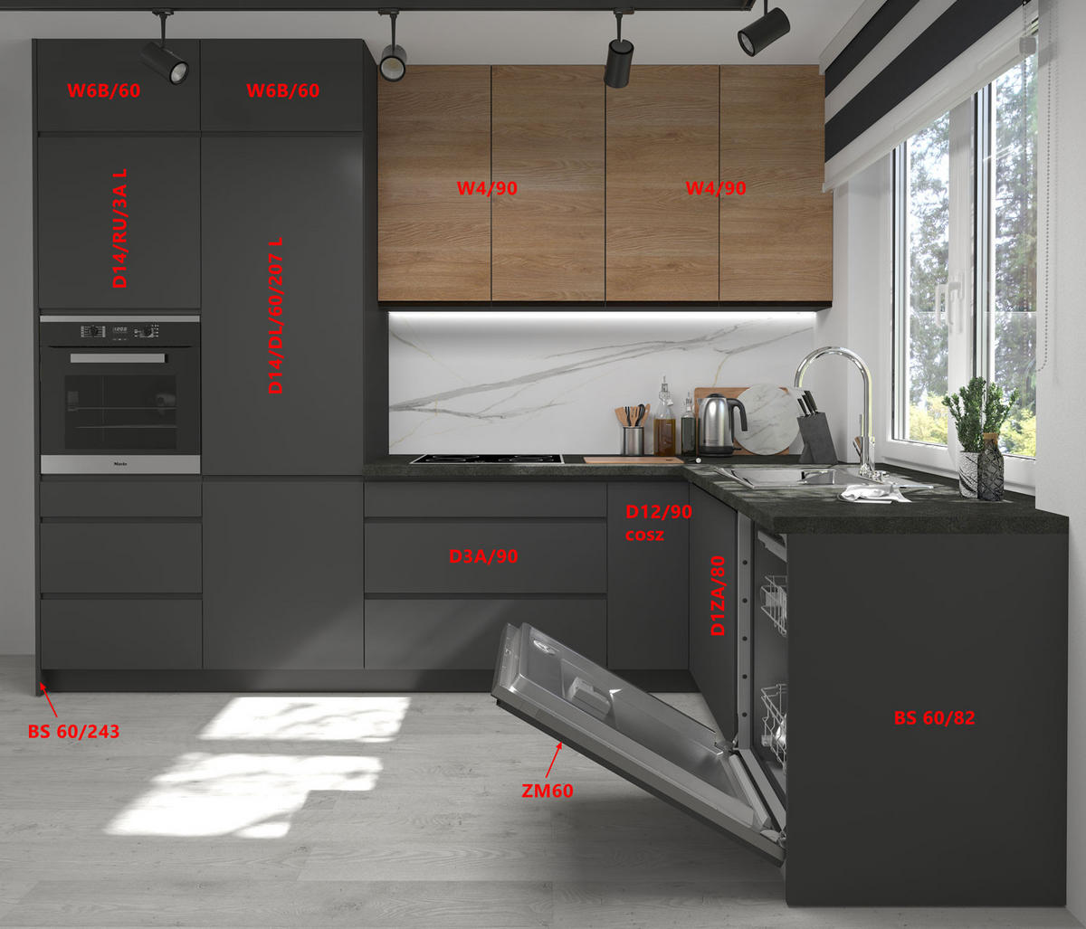 WINKELKÜCHE Avellino lava / Acryl graphit matt & Pembroke - schwarz matt, Arbeitsplatte District Dark 301,8 / 231,8 / 243cm 10-teilig - Braun/Grau, Holzwerkstoff (302/243/232cm) - Feldmann-Wohnen