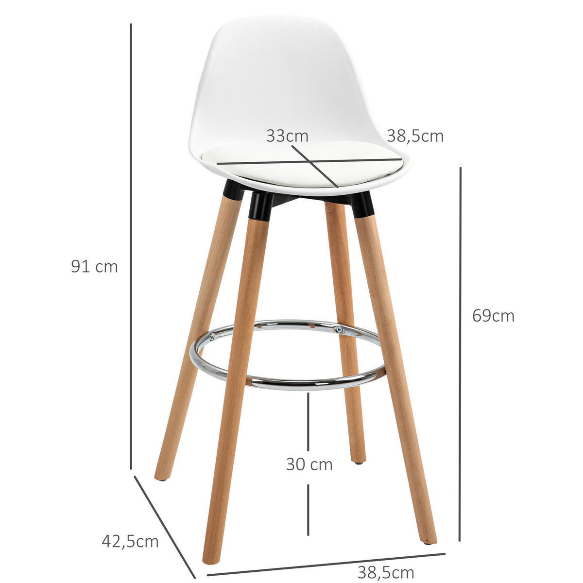 BARHOCKER, Kunstleder, Buchenholz, Weiß - Weiß, Kunststoff (42.5/91/38.5cm) - HOMCOM