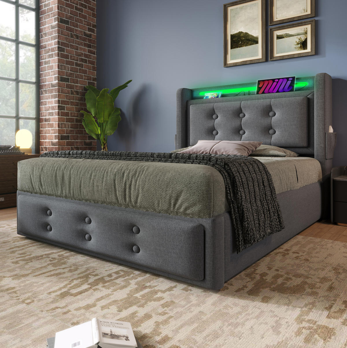 POLSTERBETT 90/200 cm Grau aus Baumwoll-Leinenstoff mit LED und Ladefunktion - Grau, Textil (90/200cm) - OKMYHOME