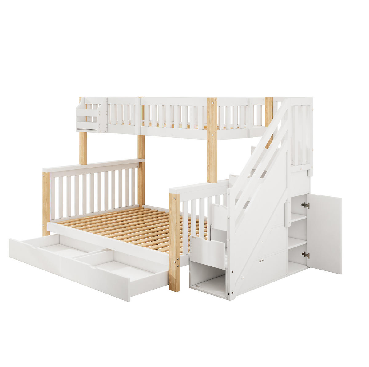 ETAGENBETT 90/200 cm aus Massivholz mit Treppenschrank, Schublade und Ablagekörben, Weiß/Natur - Weiß, Holzwerkstoff (90/200cm) - Redom