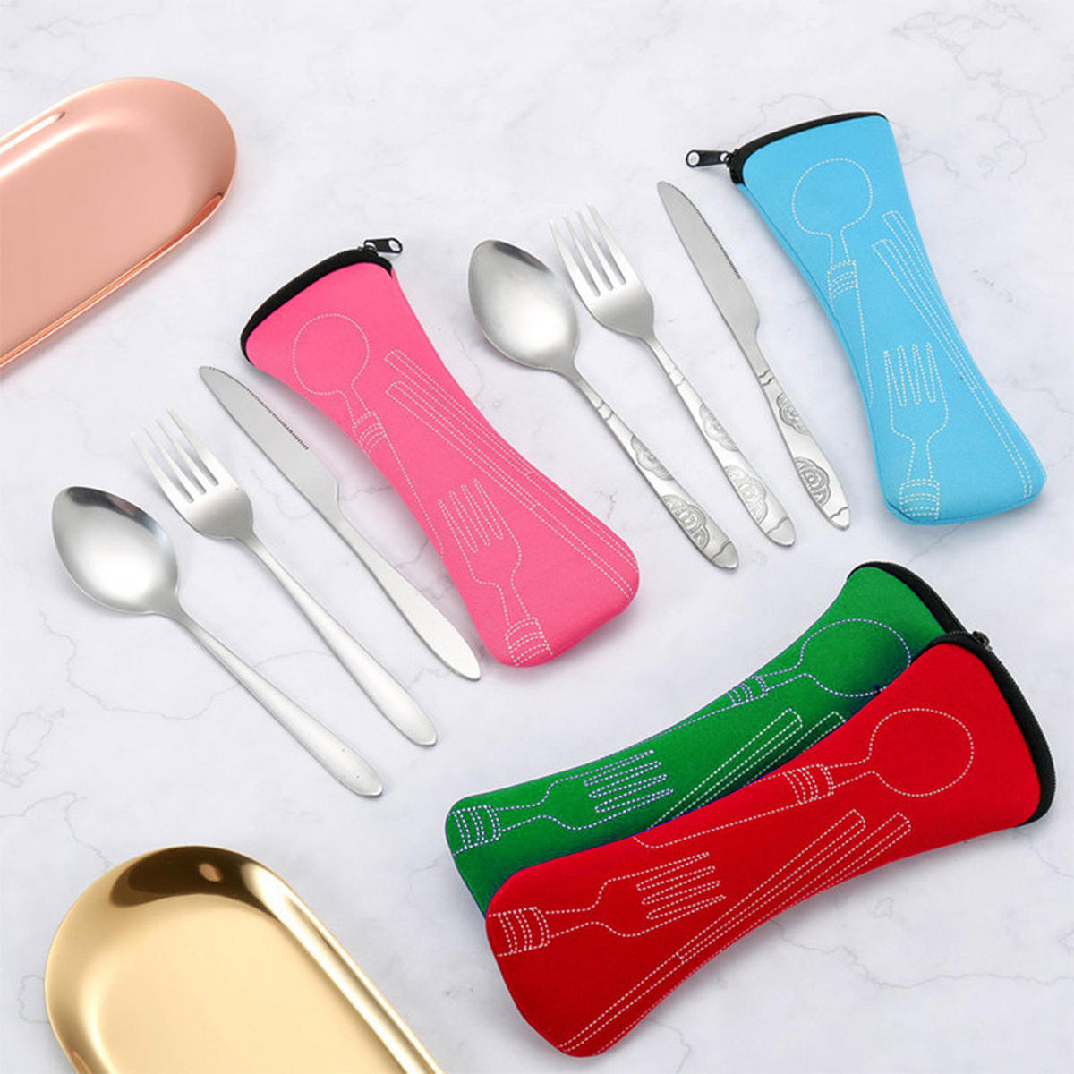 BESTECK-SET, 4-teilig, Edelstahl, mit Tasche, camping, spülmaschinenfest, umweltfreundlich - Silberfarben, Metall