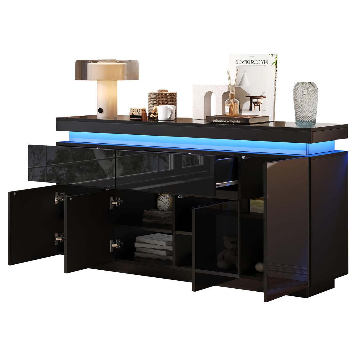 SIDEBOARD DE-37813 mit LED-Beleuchtung und 4 Türen Schwarz - Schwarz, Holzwerkstoff (140/72.5/35cm) - ComfortXL