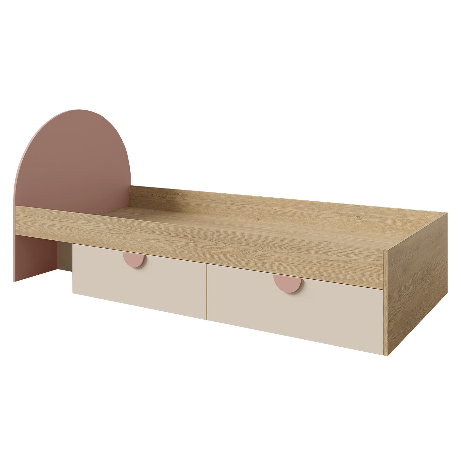 BETT Lena Kinderbett 90x200 cm mit 2 Schubladen und Kopfteil, Eiche Cremona/Macadamia/Puderrosa - Eichefarben/Beige, Holzwerkstoff (90/200cm) - Beautysofa