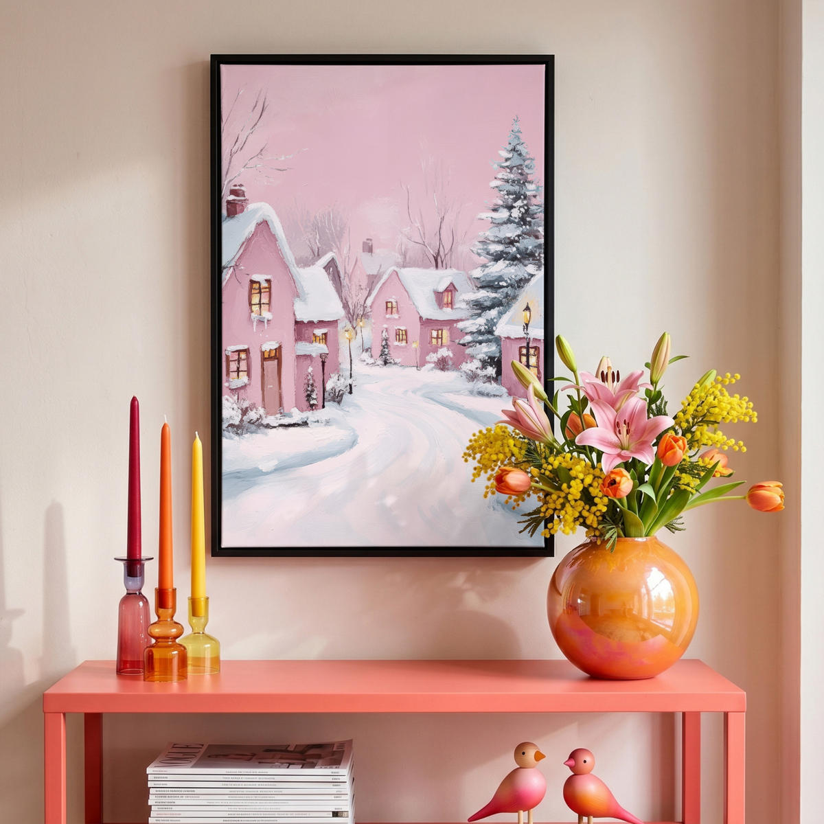 LEINWAND Bilder mit Rahmen - Weihnachtsdorf - Rosa - Winter - Schnee - Häuser - 40x60 - Altrosa, Textil (40/60cm) - MuchoWow